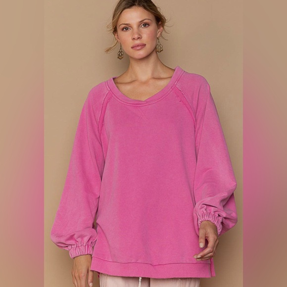 POL Hot Pink Crisscross Back Sweatshirt | Open Back | Slouchy Oversized Fit - Picture 4 of 5